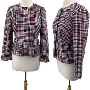 Talbots Plaid Blazer Collarless Button Down Wool Tartan Colorful Womens Medium P